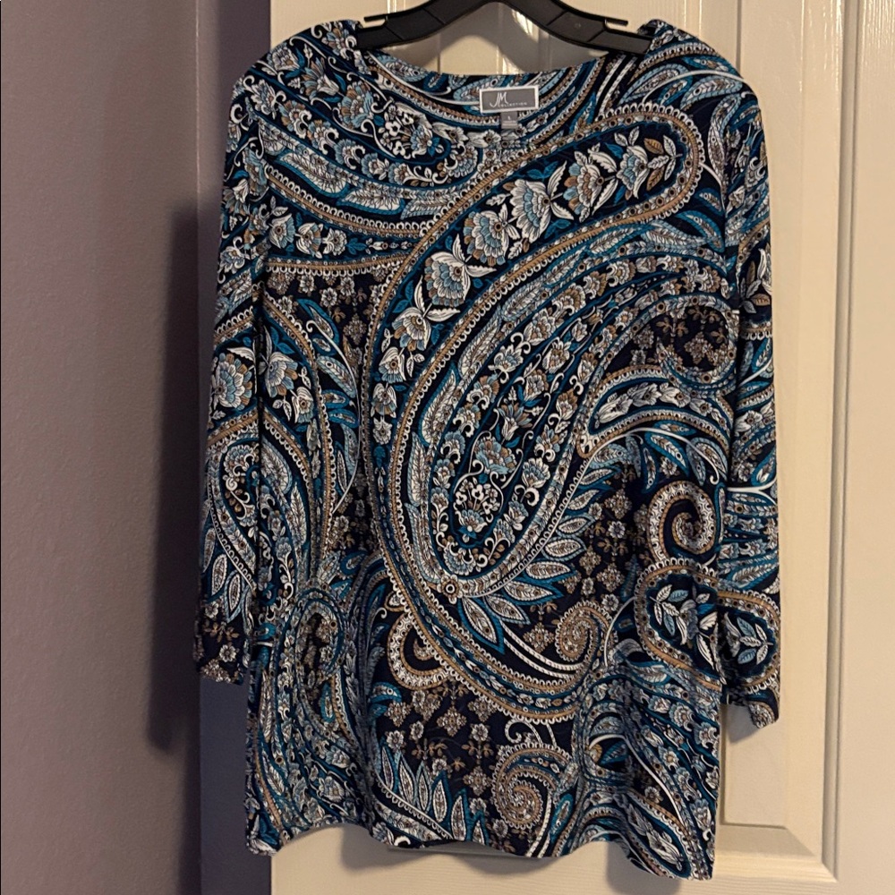 JM Collection Blue and Brown Patterned Top